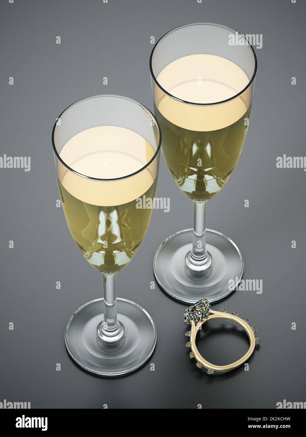 Champagne glasses and wedding rings isolated on white background. 3D illustration Stock Photo