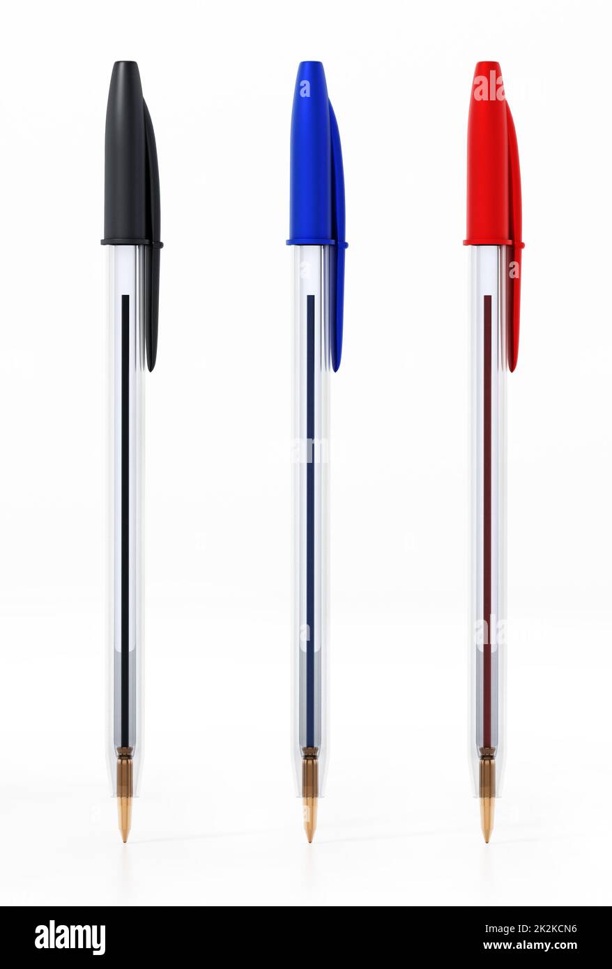Black, blue and red ball point pens isolated on white. 3D illustration Stock Photo