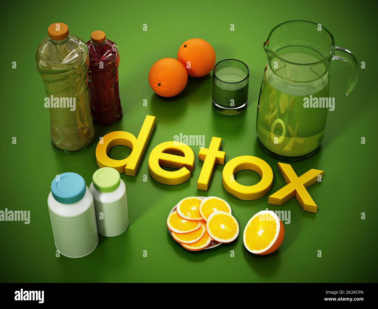 Detox concept with fresh juice bottles, pills and fruits. 3D illustration Stock Photo