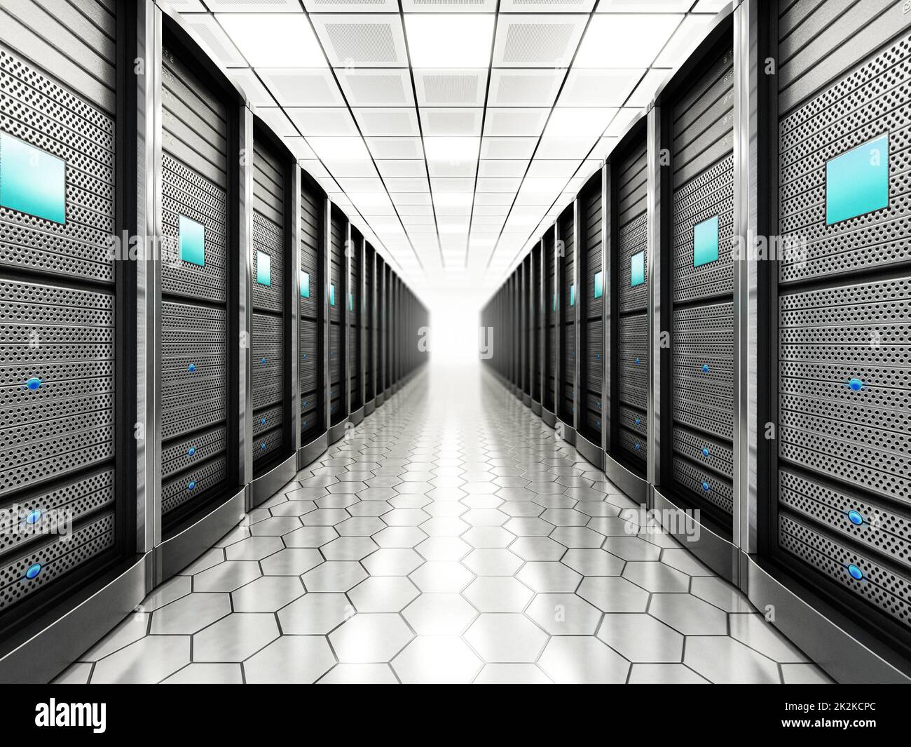 Network servers in a row in the room. 3D illustration Stock Photo