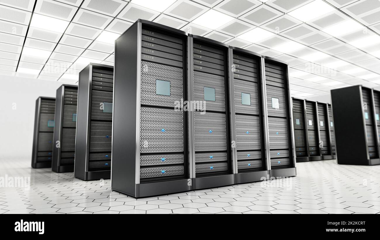 Network servers in a row in the room. 3D illustration Stock Photo