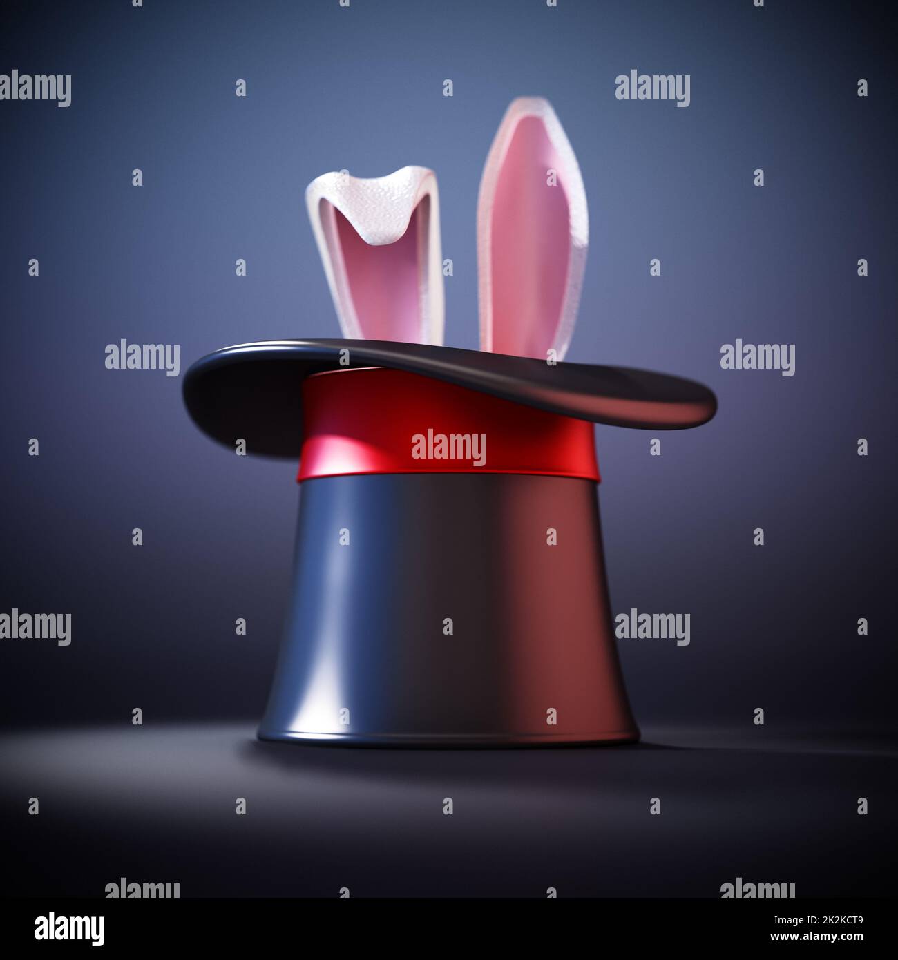 Illusionist hat and rabbit ears on black background. 3D illustration Stock Photo