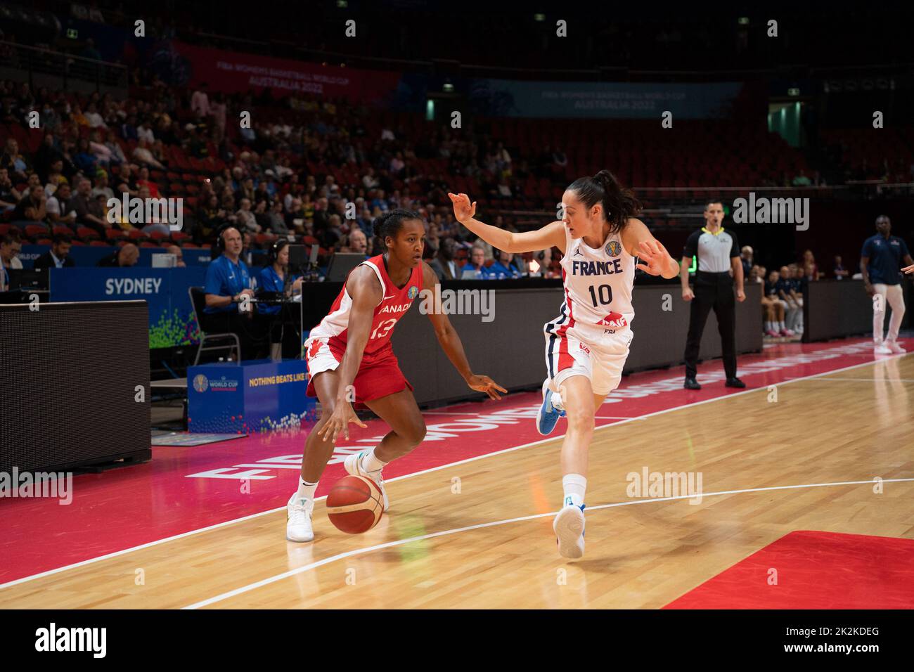 Sydney, Australia. 23rd Sep, 2022. Shay Colley (13 Canada) drives to the basket defended by Sarah Michel (10 France) during the FIBA Womens World Cup 2022 game between France and Canada at the Sydney Superdome in Sydney, Australia. (Foto: Noe Llamas/Sports Press Photo/C - ONE HOUR DEADLINE - ONLY ACTIVATE FTP IF IMAGES LESS THAN ONE HOUR OLD - Alamy) Credit: SPP Sport Press Photo. /Alamy Live News Stock Photo