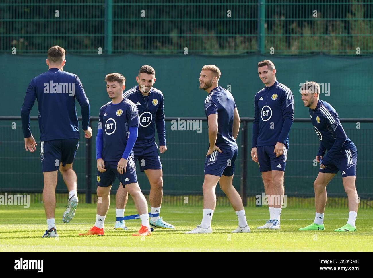 Scotland's Billy Gilmour, John McGinn, Ryan Porteous Kenneth McClean, and Ryan Christie during a training session at Oriam, Edinburgh. Picture date: Friday September 23, 2022. Stock Photo
