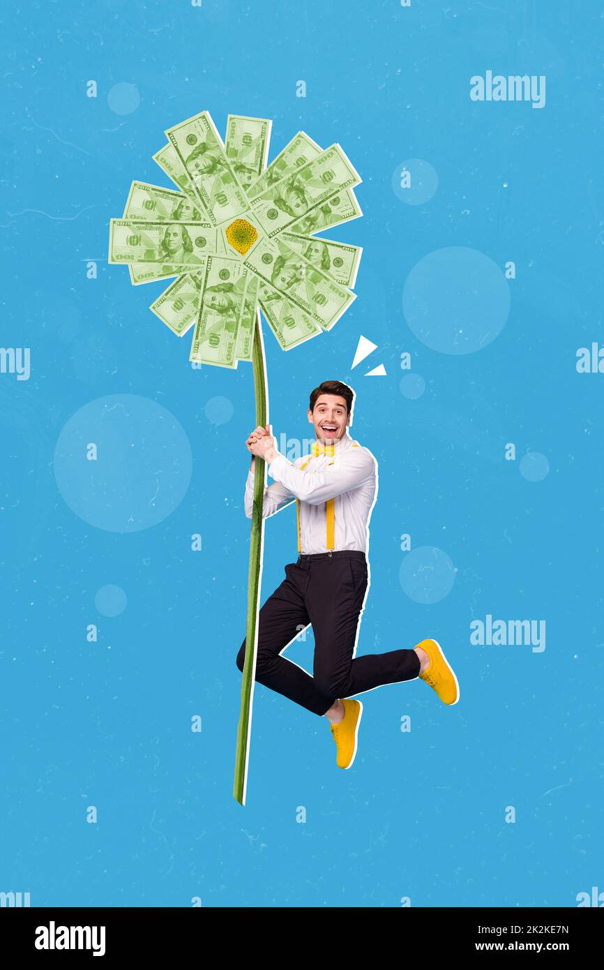 Collage photo of young handsome gentleman hold big money flower celebrate his success funny emotion isolated on blue color background Stock Photo