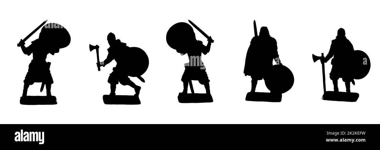Vikings. Medieval knights in different poses. Silhouette illustration. Stock Photo