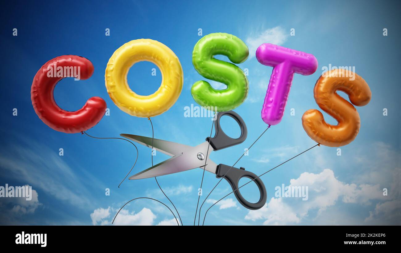 Scissors cut letter shaped balloons form the word cost. 3D illustration Stock Photo