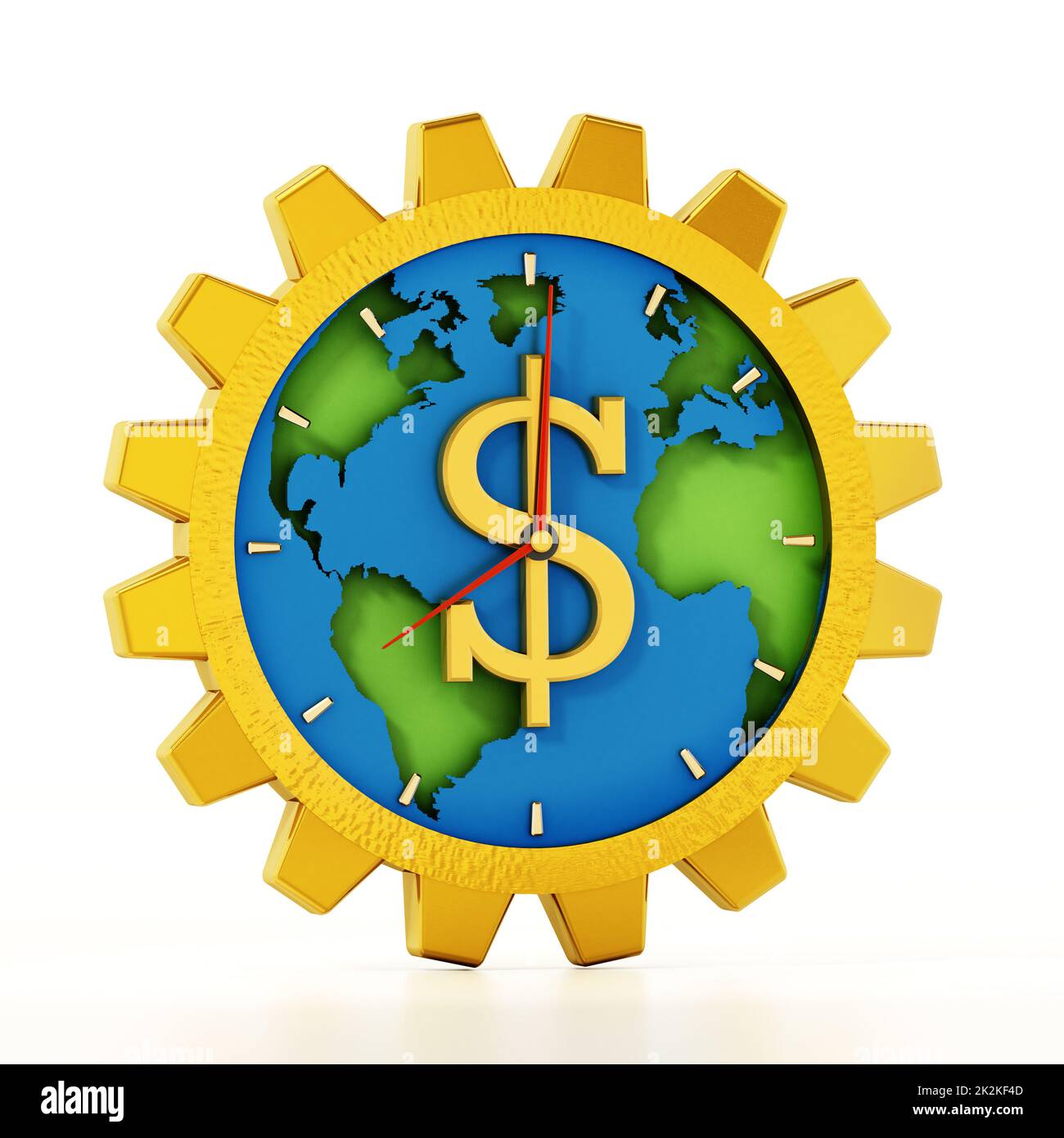 Gear shaped clock with dollar sign. Earth map at the center. 3D