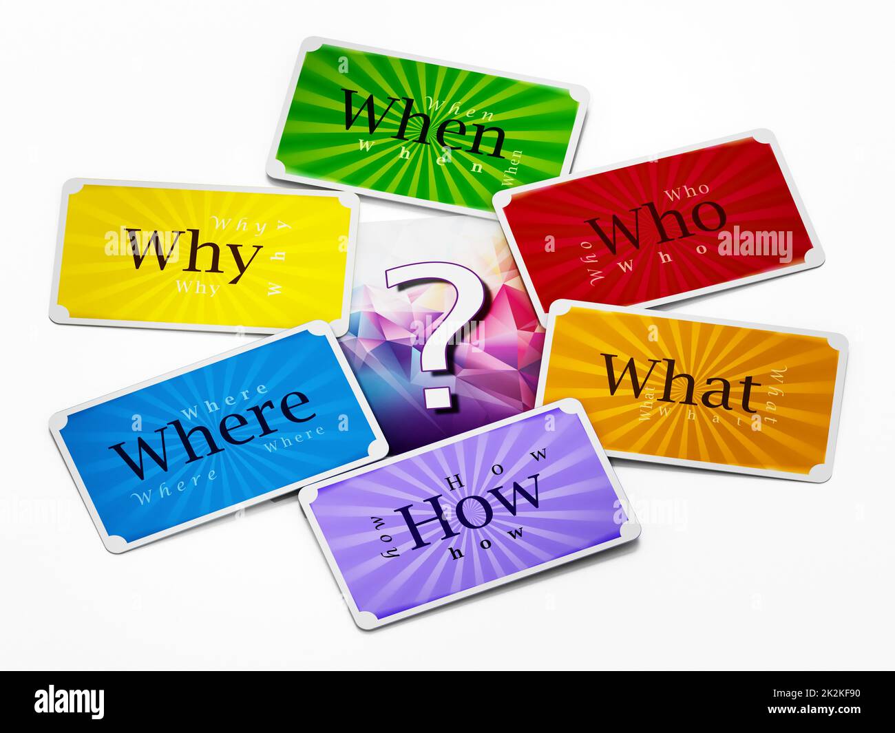 When, where, who, what, how question cards. 3D illustration Stock Photo ...