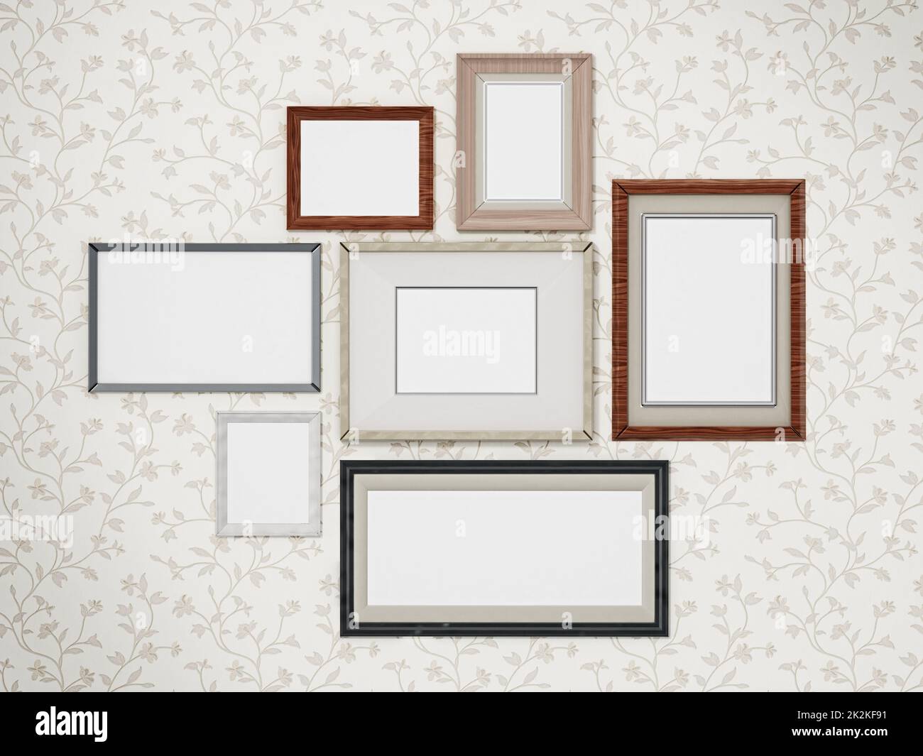 Picture frames arranged on the wall. 3D dimensional Stock Photo