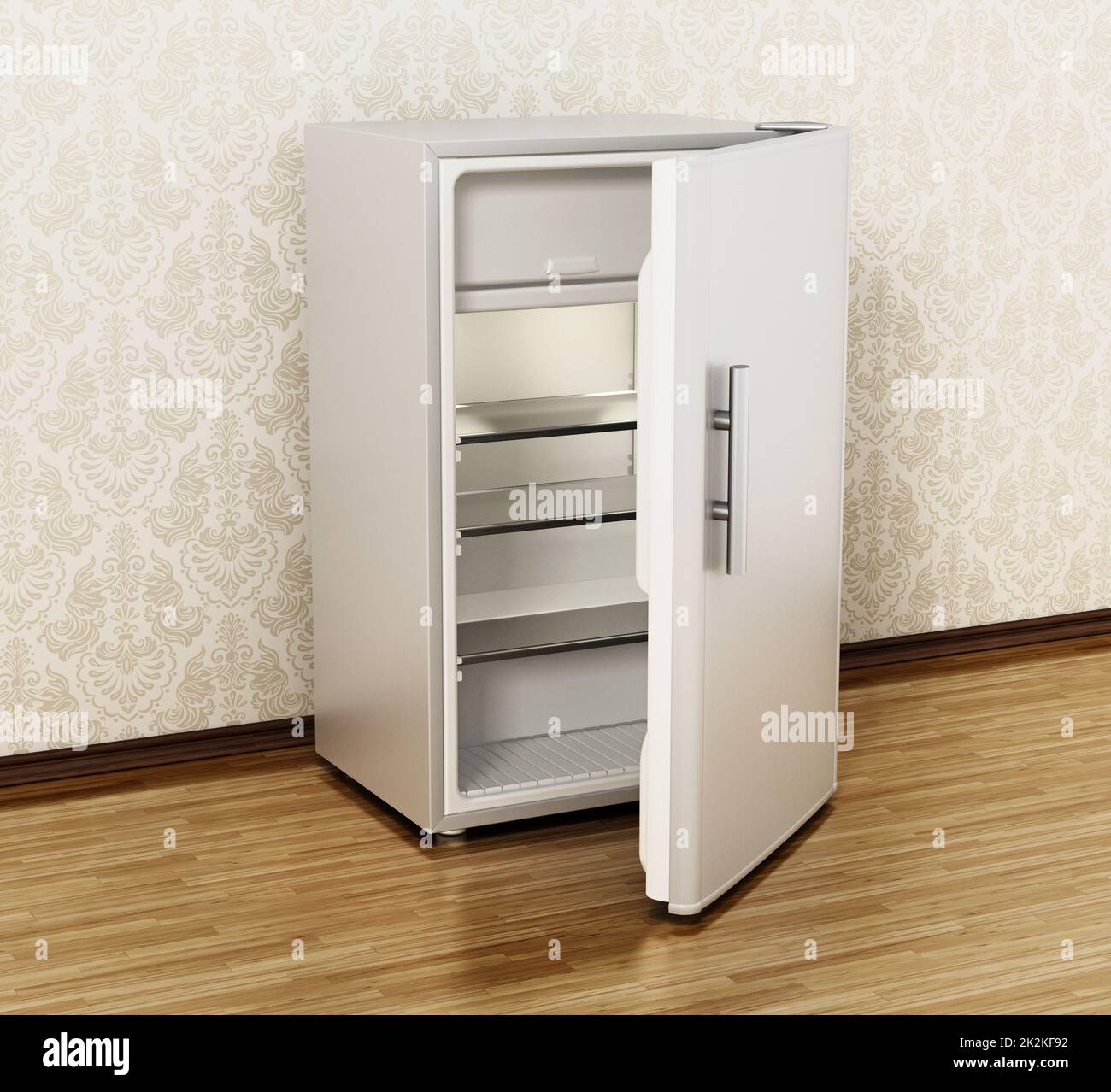 Small size hotel refrigerator standing on parquet floor. 3D