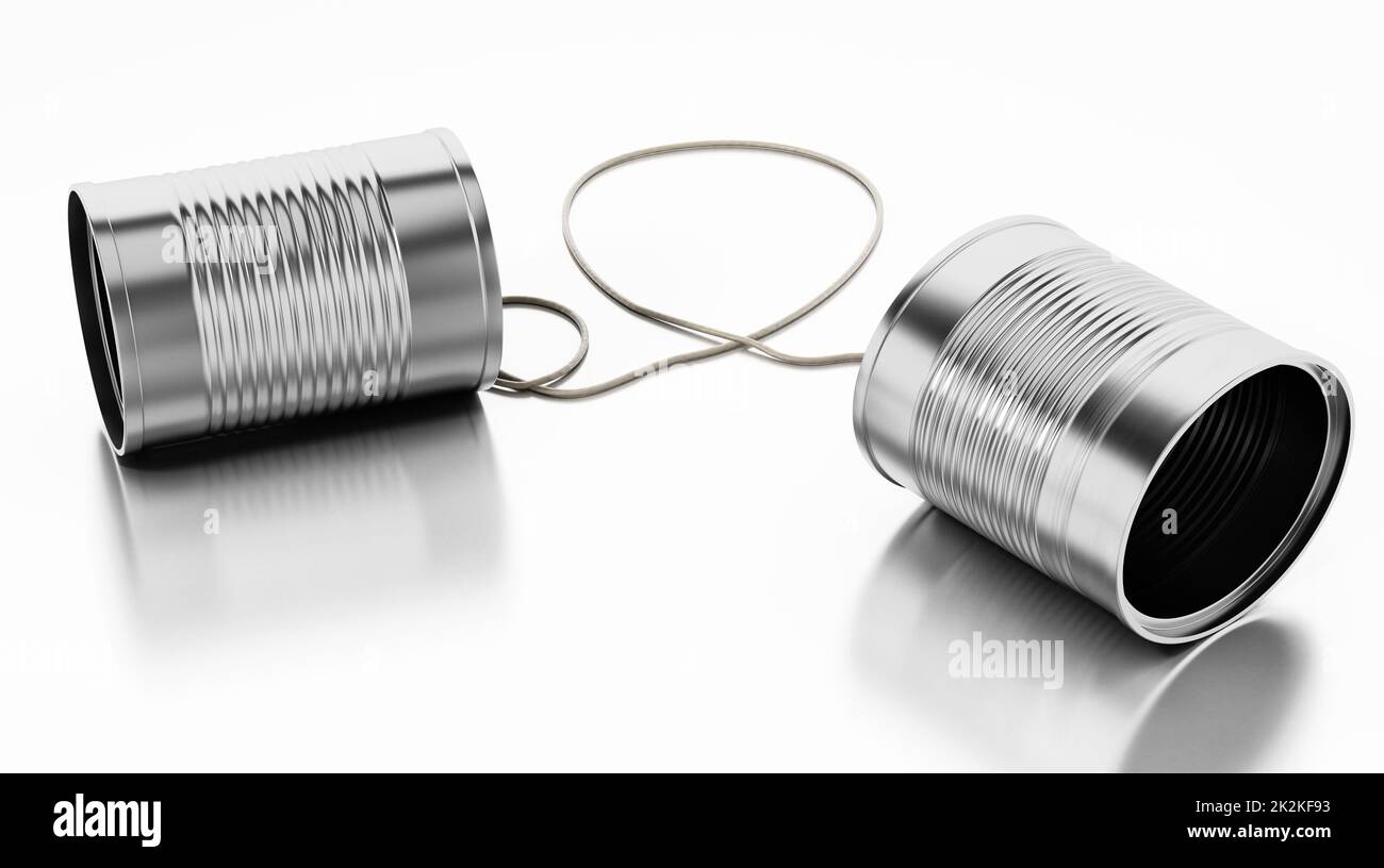 Tin cans connected to each other with a rope. 3D illustration Stock Photo