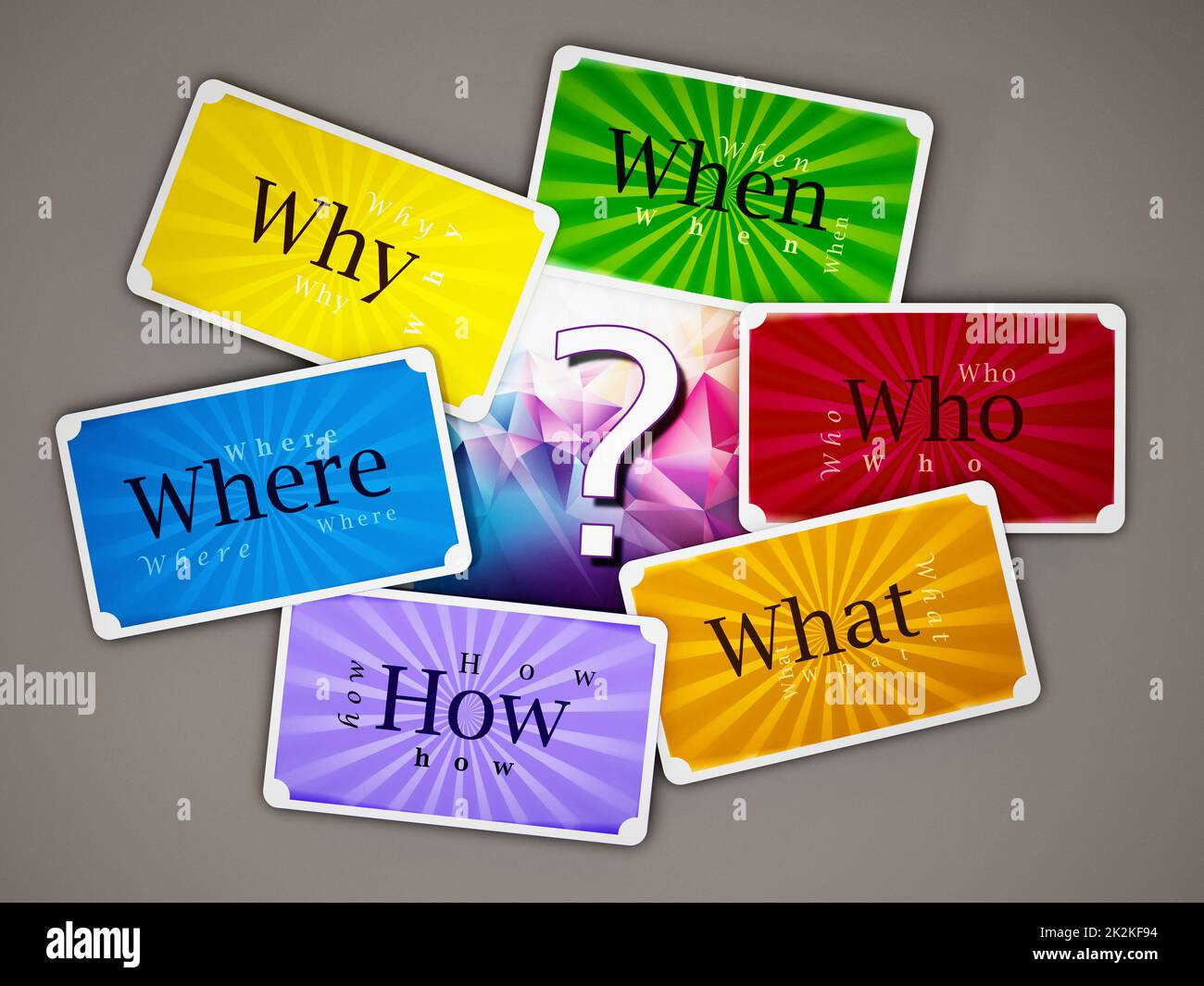 When, where, who, what, how question cards. 3D illustration Stock Photo ...