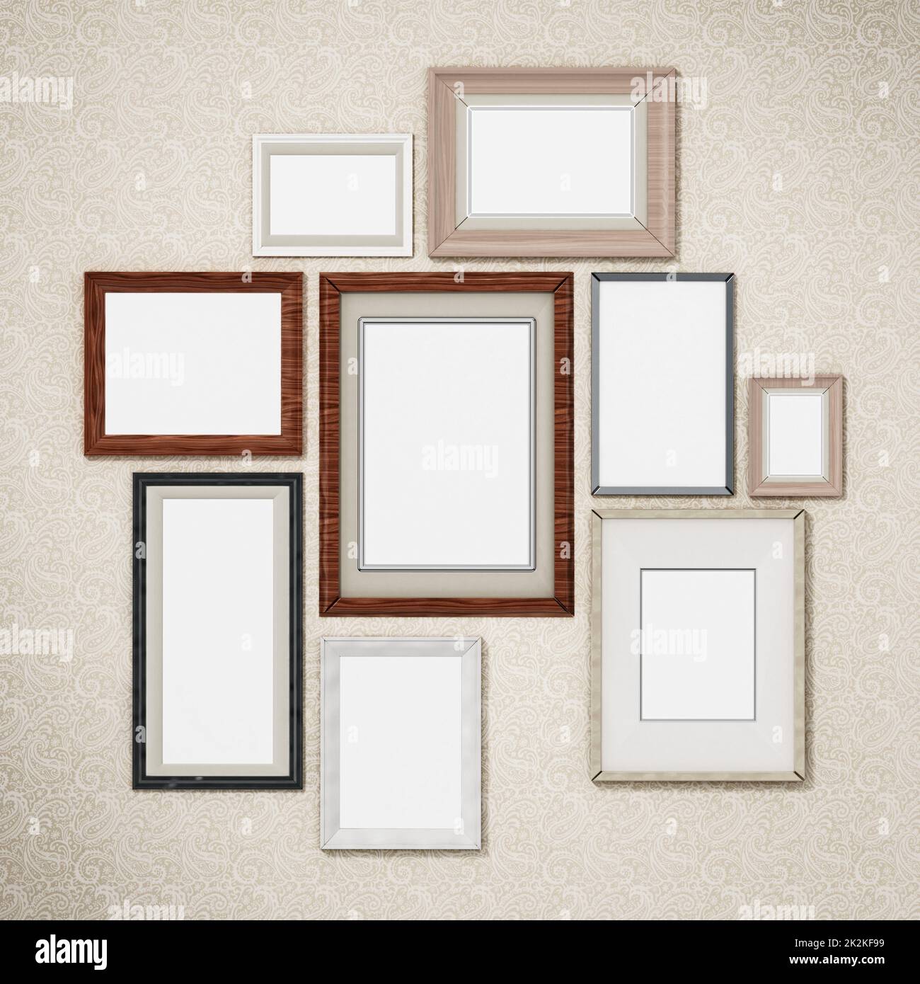 Picture frames arranged on the wall. 3D dimensional Stock Photo