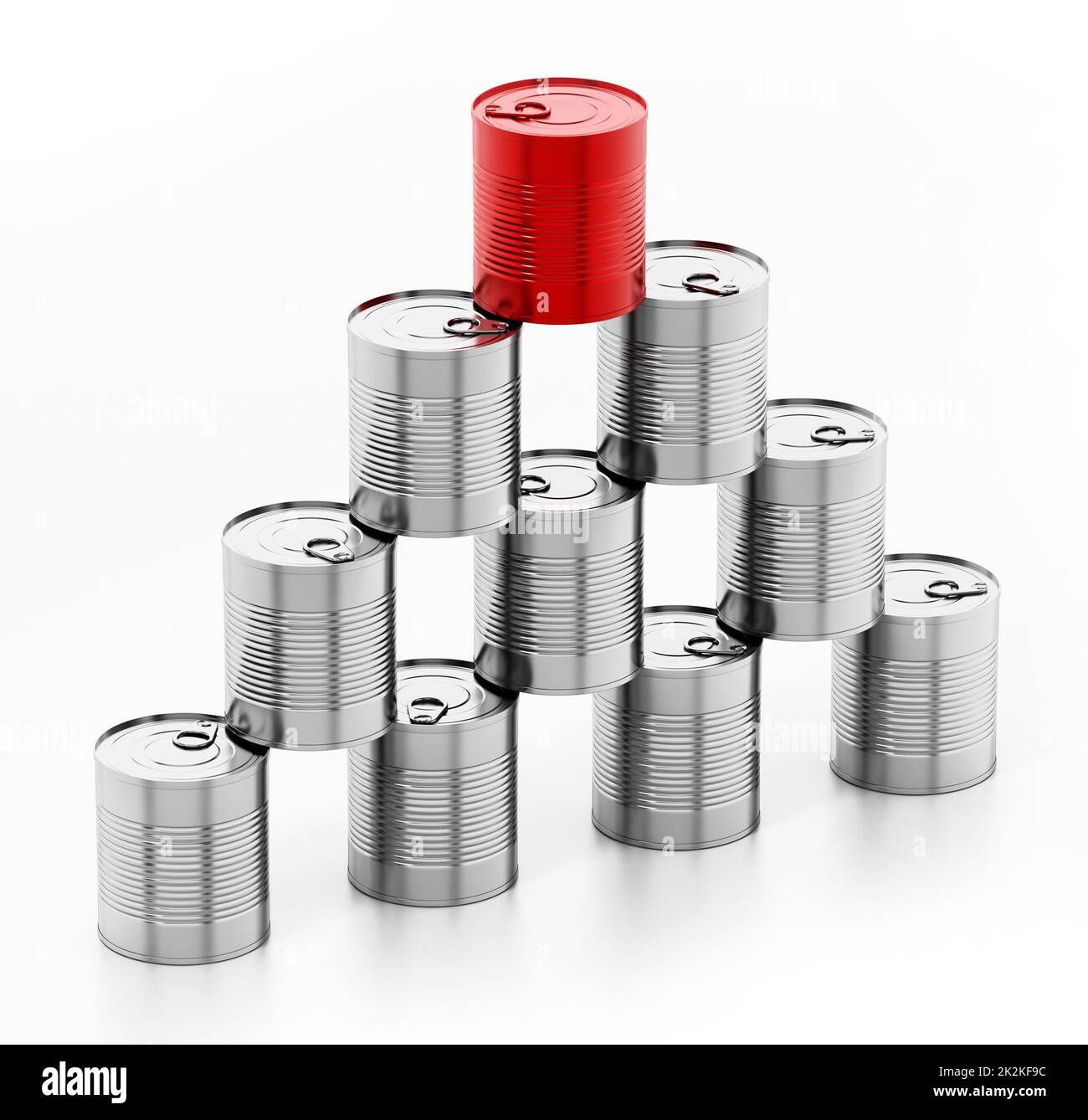 Tower of tin cans with one red can isolated on white background. 3D illustration Stock Photo