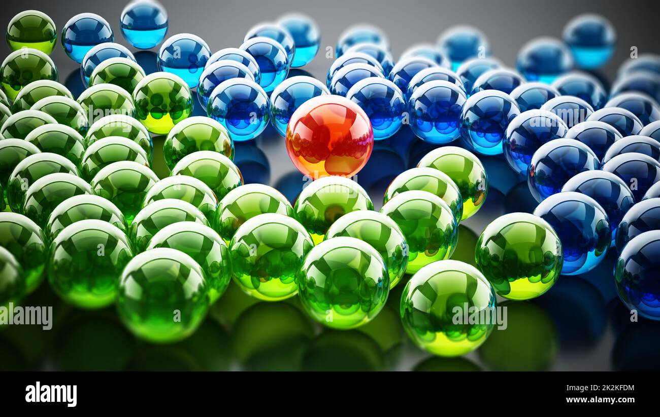 Red shiny sphere standing out among green and blue spheres. 3D