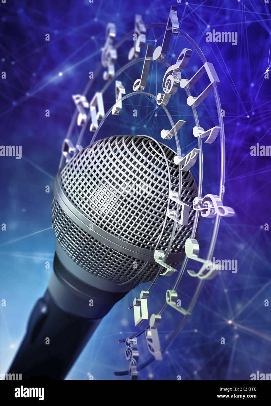 Musical notes and symbols around the microphone. 3D illustration Stock Photo