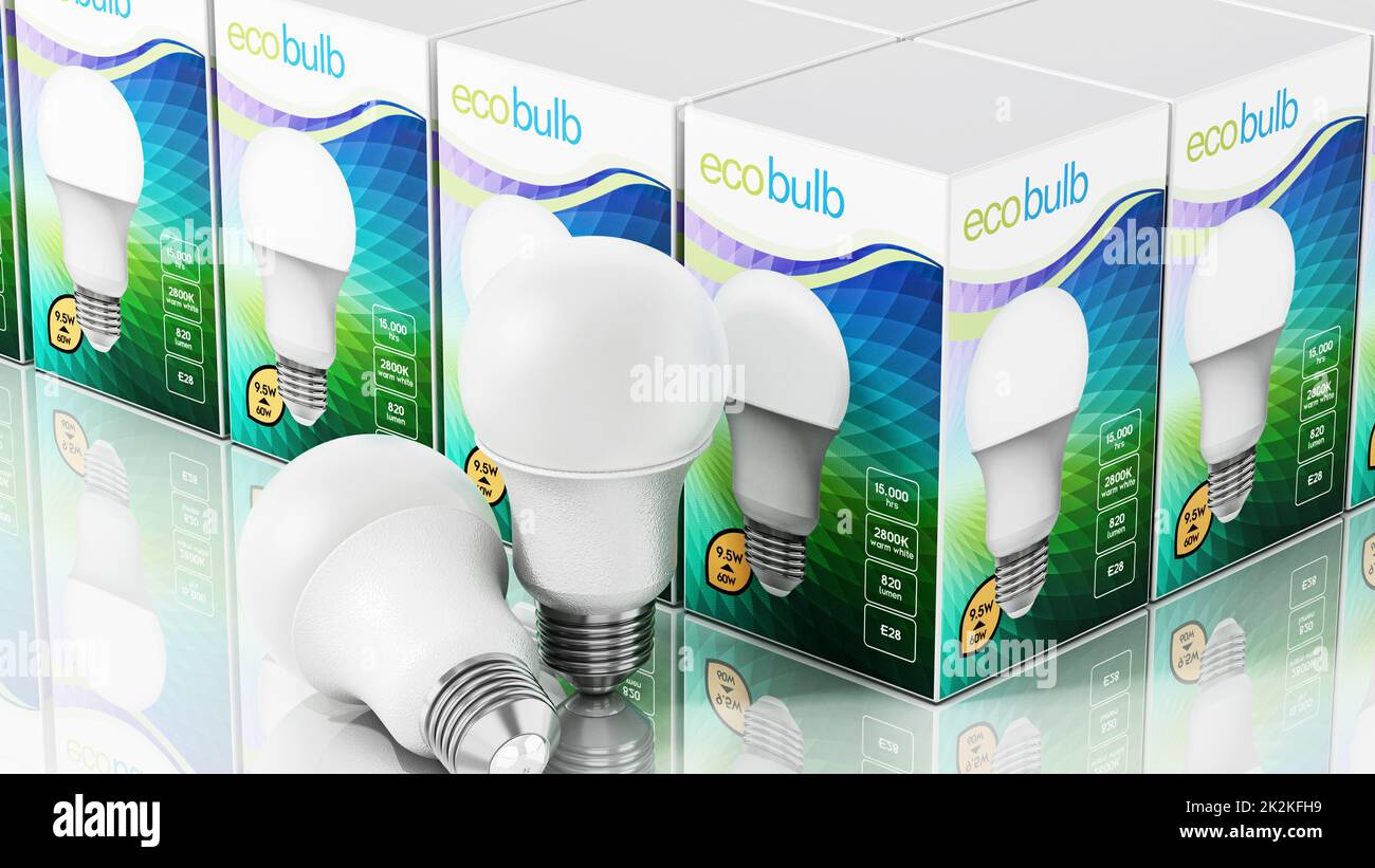 LED lightbulbs and generic package design isolated on white background. 3D illustration Stock Photo