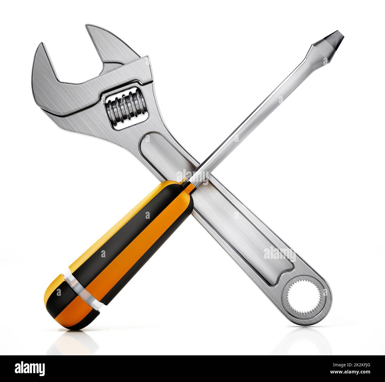Crossed wrench and screwdriver isolated on white background. 3D