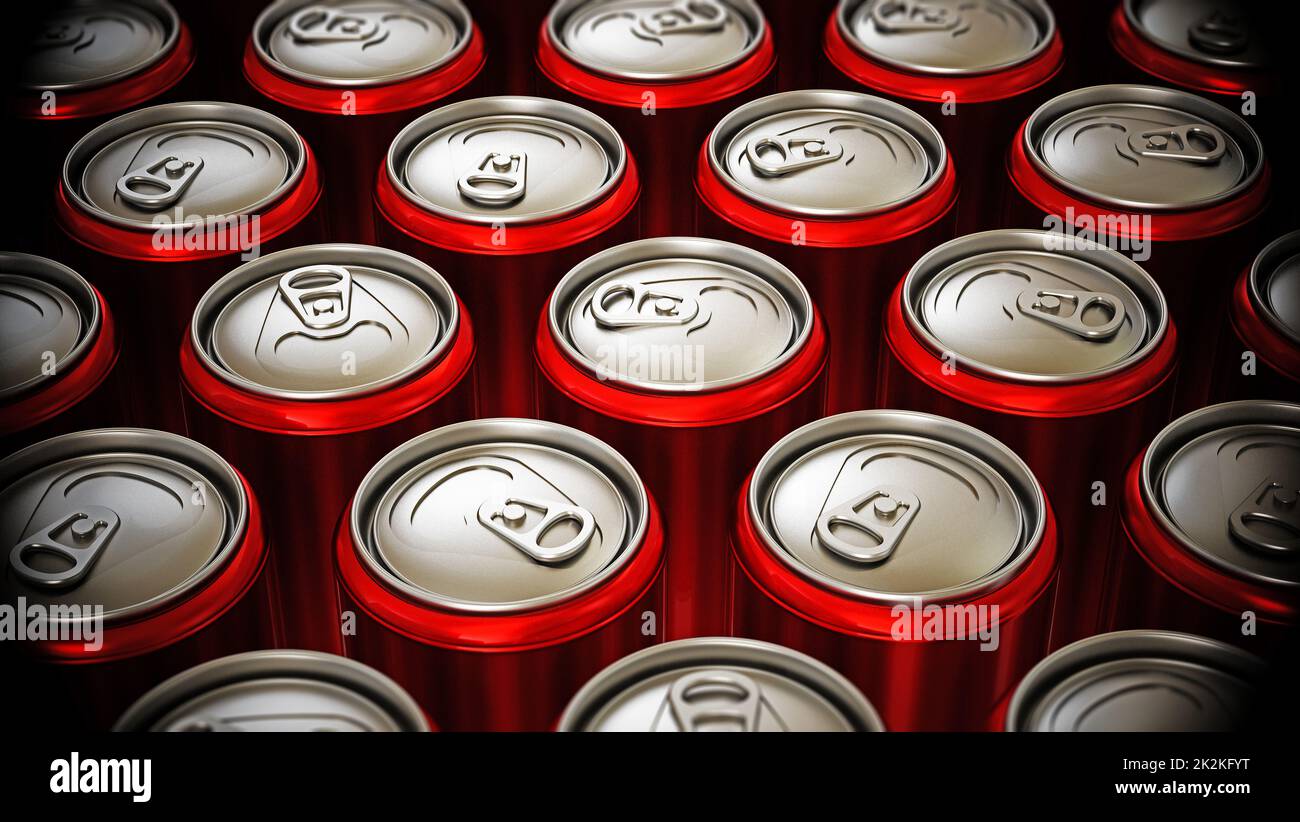 Red cans of soft non alcoholic drinks background. 3D illustration Stock Photo