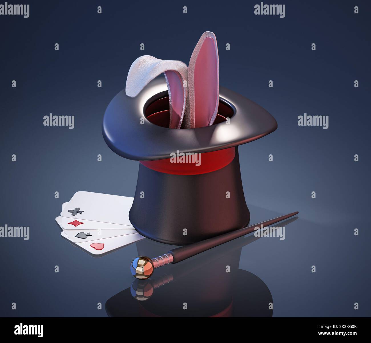Illusionist hat, stick, playing cards and rabbit ears on black background. 3D illustration Stock Photo
