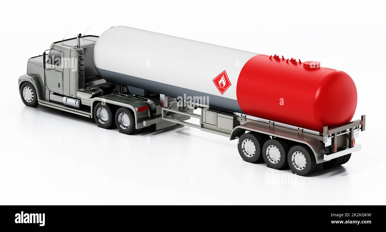 Gas truck with aluminum fuel tanker trailer. 3D illustration Stock Photo