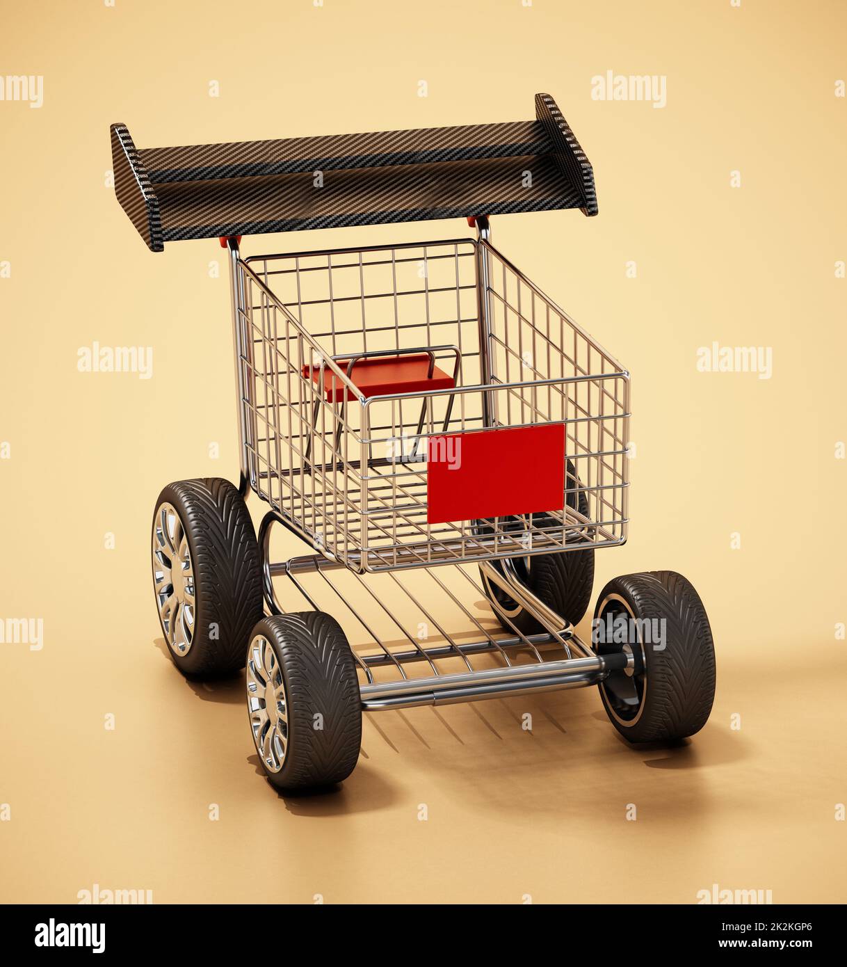 Shopping cart with sports tyres and a spoiler. 3D illustration Stock Photo
