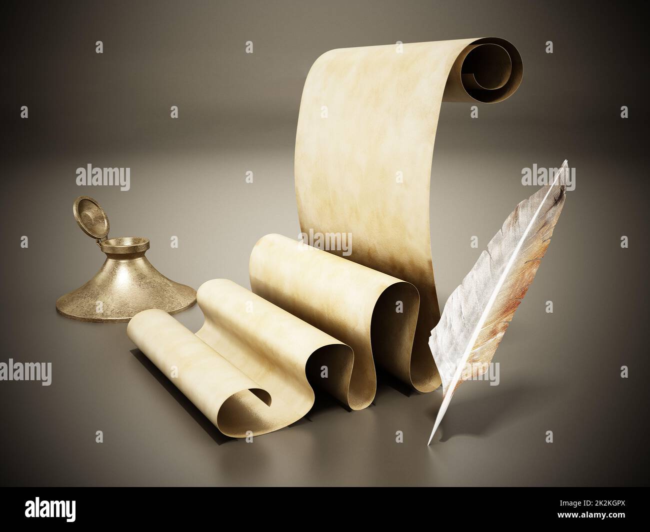 Ancient parchment, inkwell and quill. 3D illustration Stock Photo Alamy