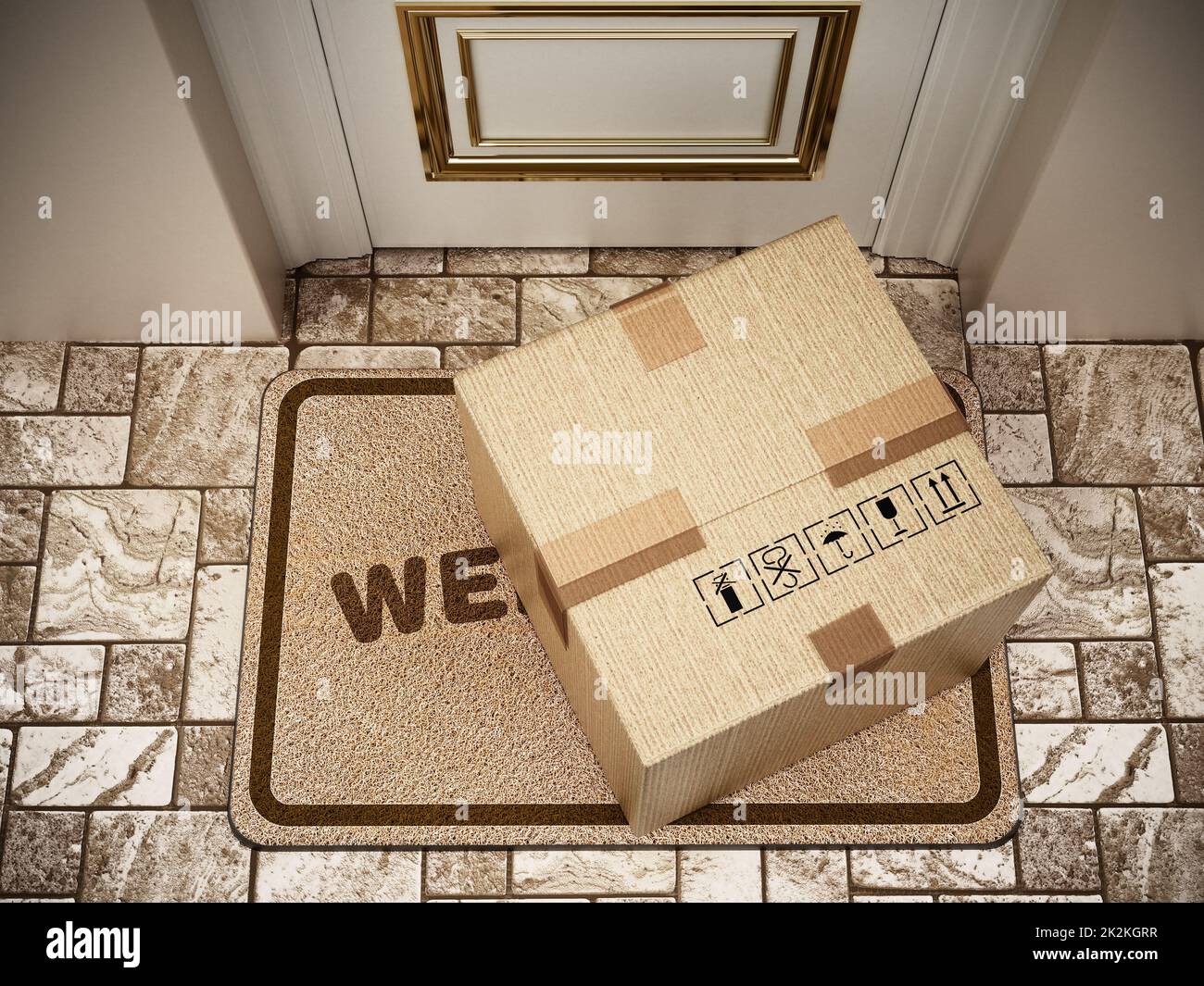 Cargo box standing on doormat. 3D illustration Stock Photo
