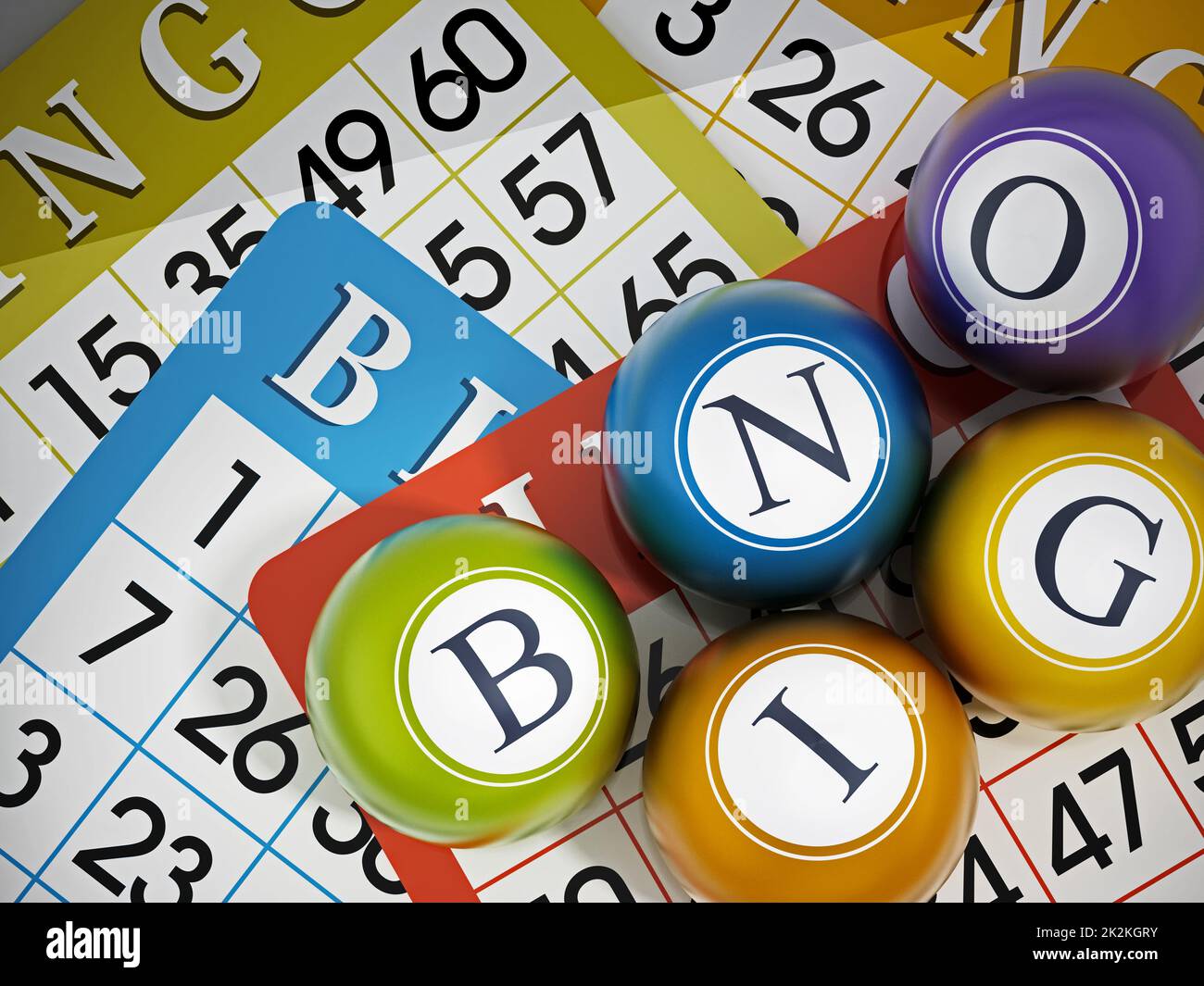BINGO game cards and balls forming bingo word. 3D illustration Stock