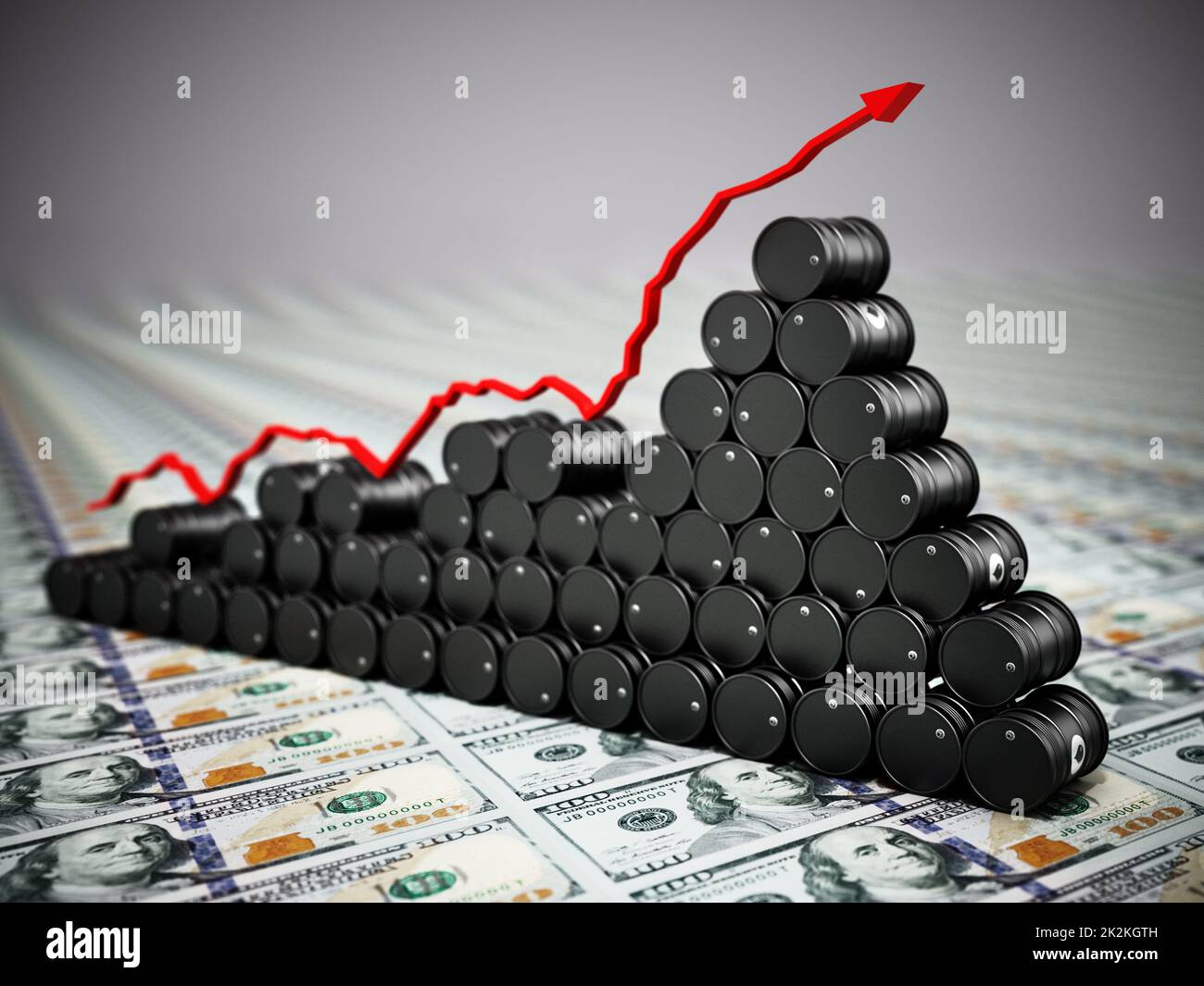 Crude oil drums standing on dollar bills. Rising oil prices concept. 3D illustration Stock Photo