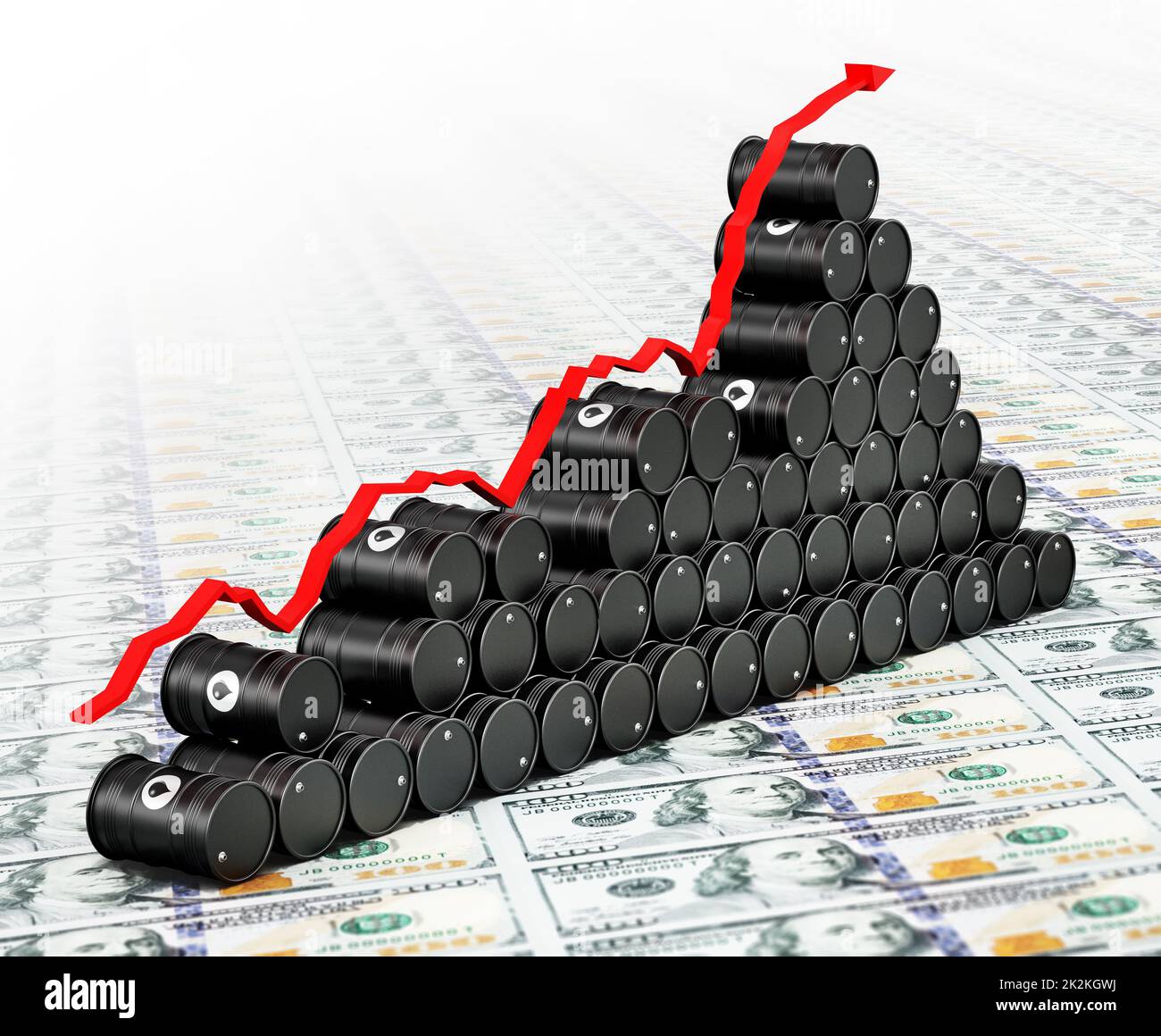 Crude oil drums standing on dollar bills. Rising oil prices concept. 3D illustration Stock Photo