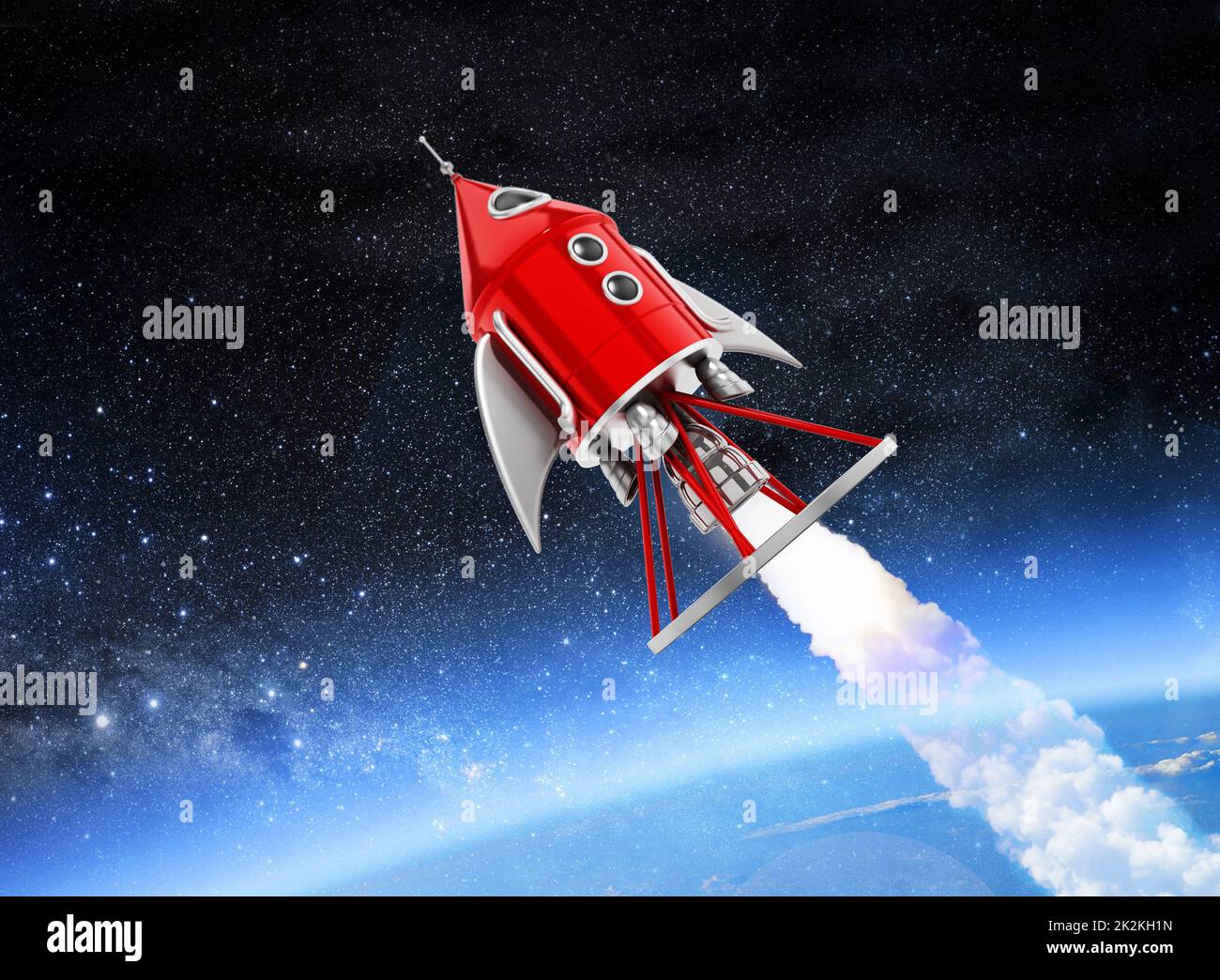 Vintage space rocket leaving the Earth's atmosphere. 3D illustration Stock Photo