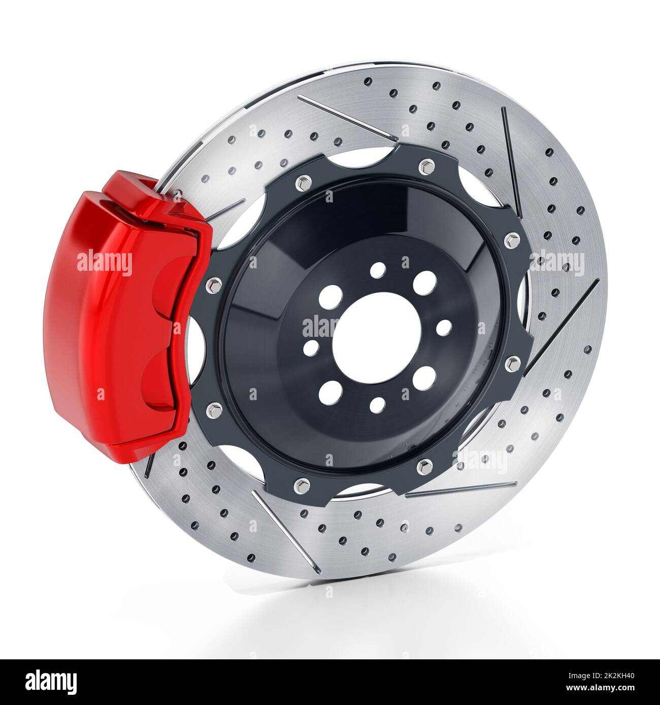 Performance brake disc and red brake pad isolated on white background