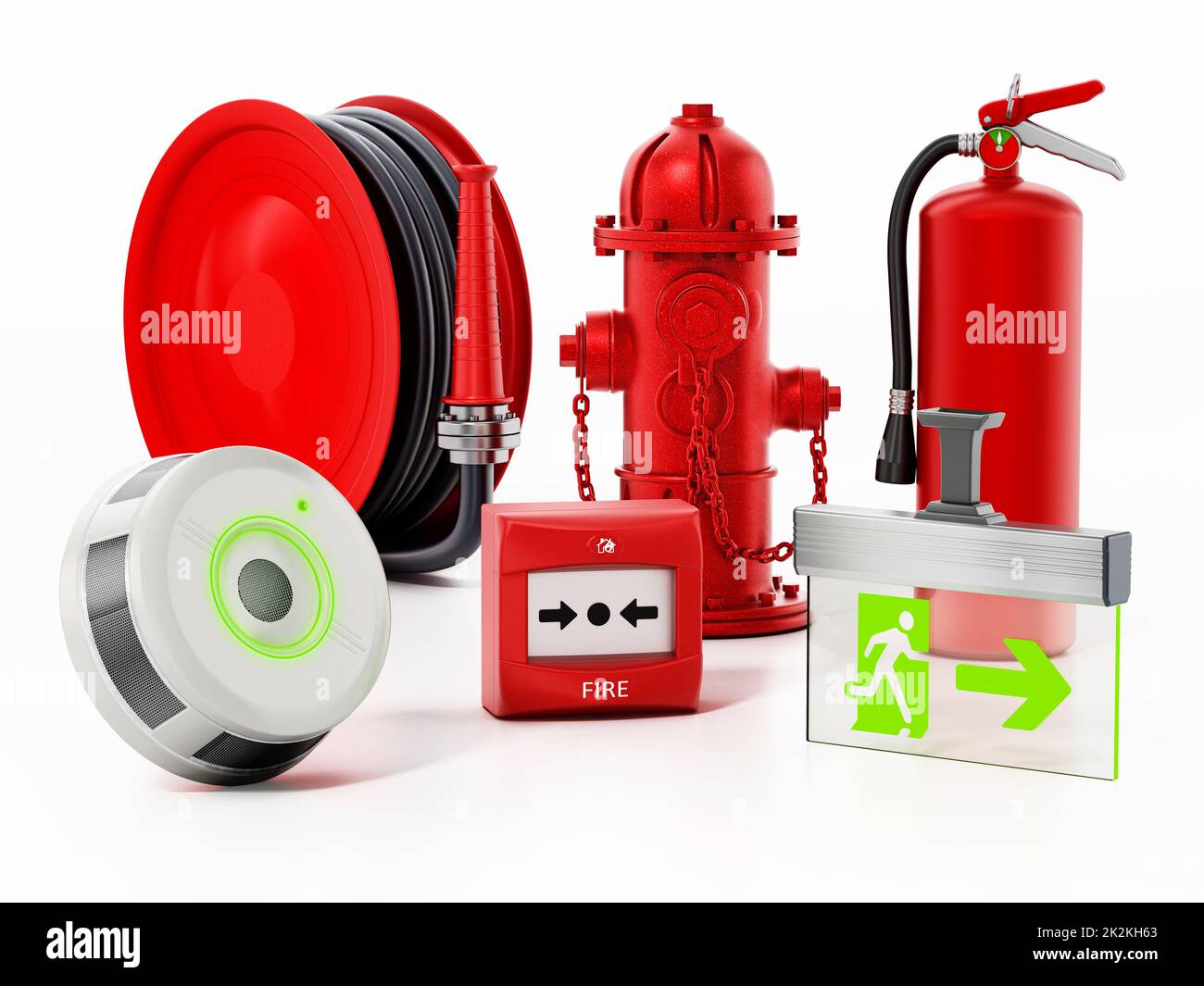 Fire safety equipment isolated on white background. 3D illustration Stock Photo