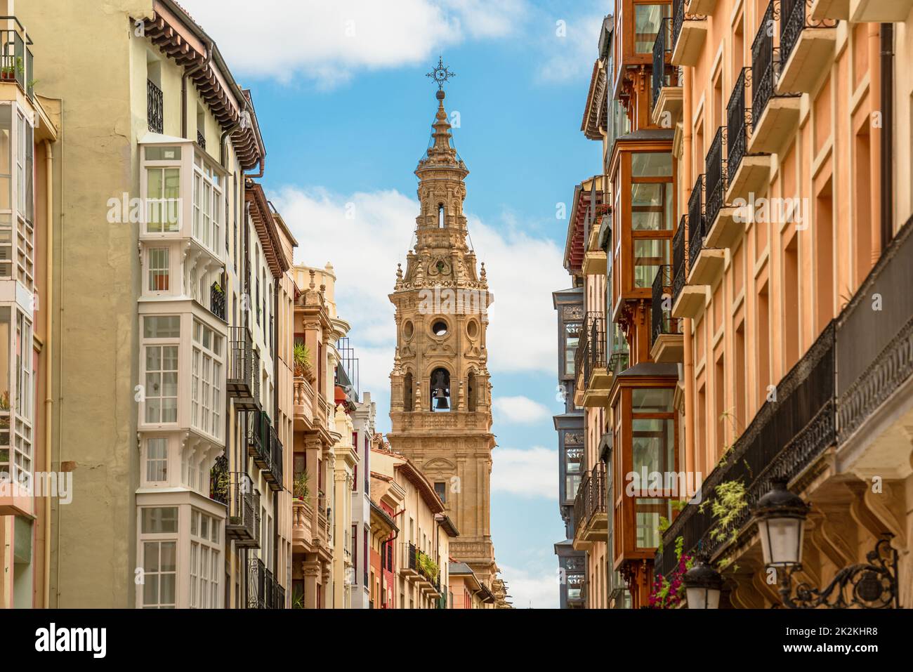 Beautiful cityscape about Logroño city with one of the  bell towers of the Cathedral. La Rioja, Spain Stock Photo