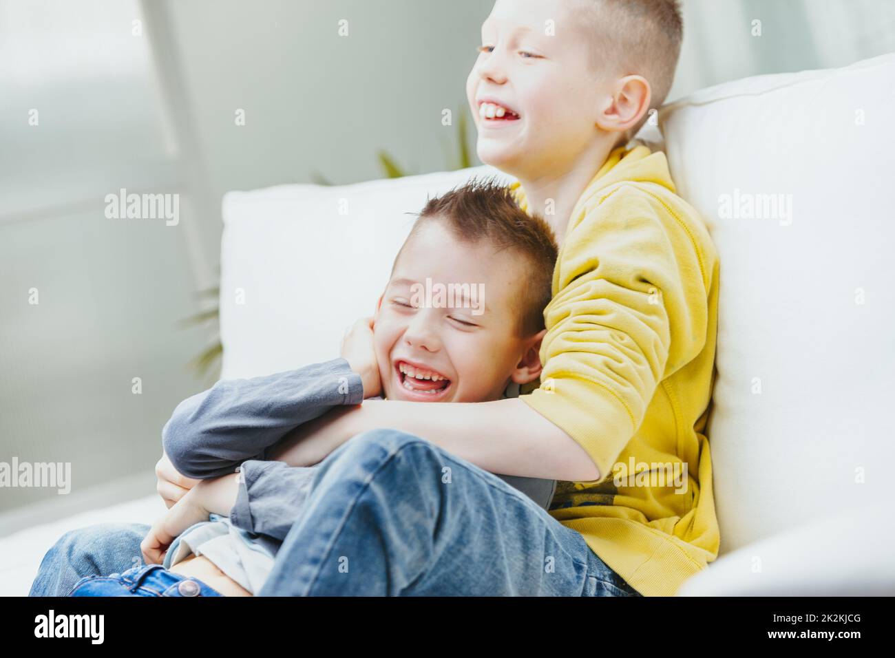 Two happy young brothers romping on a sofa together Stock Photo
