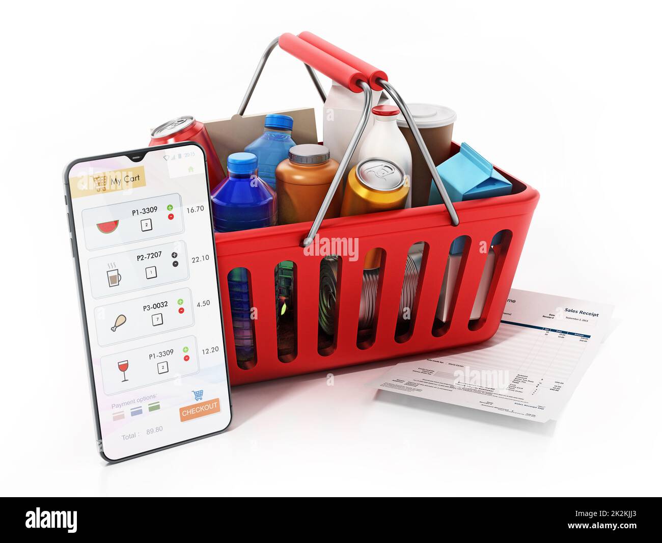 Smartphone and receipt standing next to the shopping basket. Online
