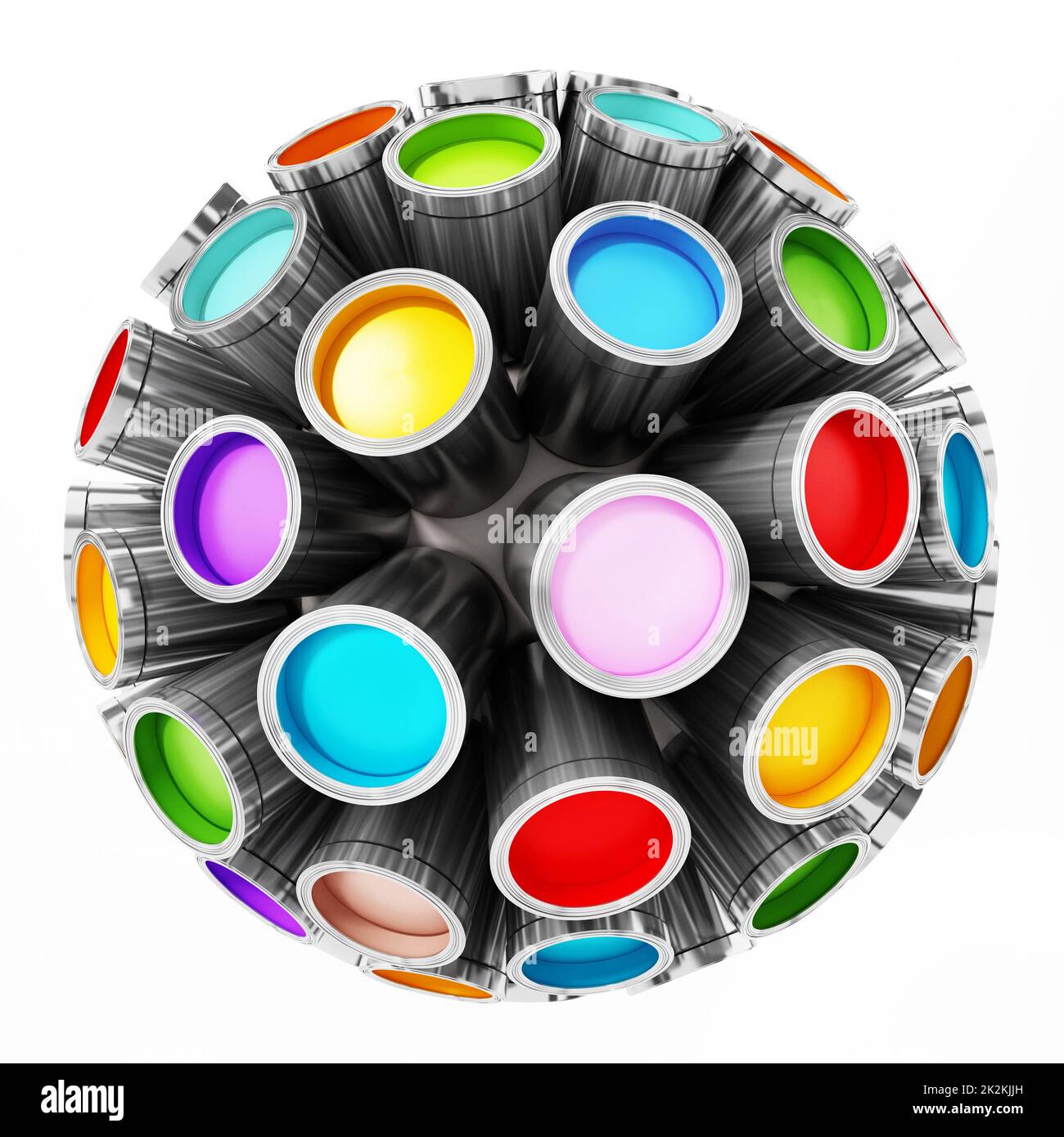 Colorful paint cans around the globe isolated on white background Stock