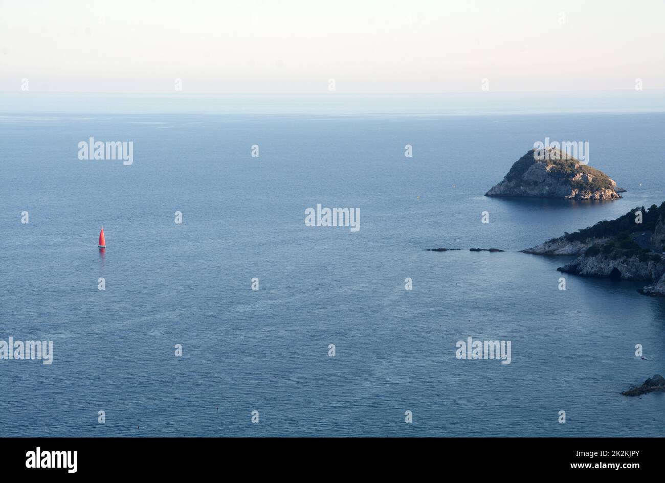 The Island of Bergeggi or Sant'Eugenio is an islet located near the Ligurian coast, in the Riviera di Ponente, in front of the municipality of Bergegg Stock Photo