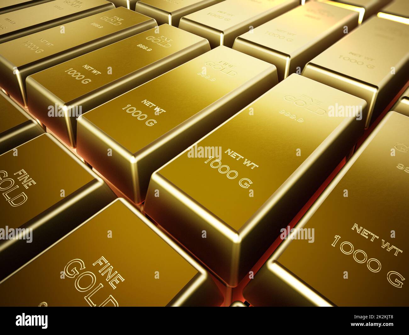 Stack of one kilogram gold bars. 3D illustration Stock Photo