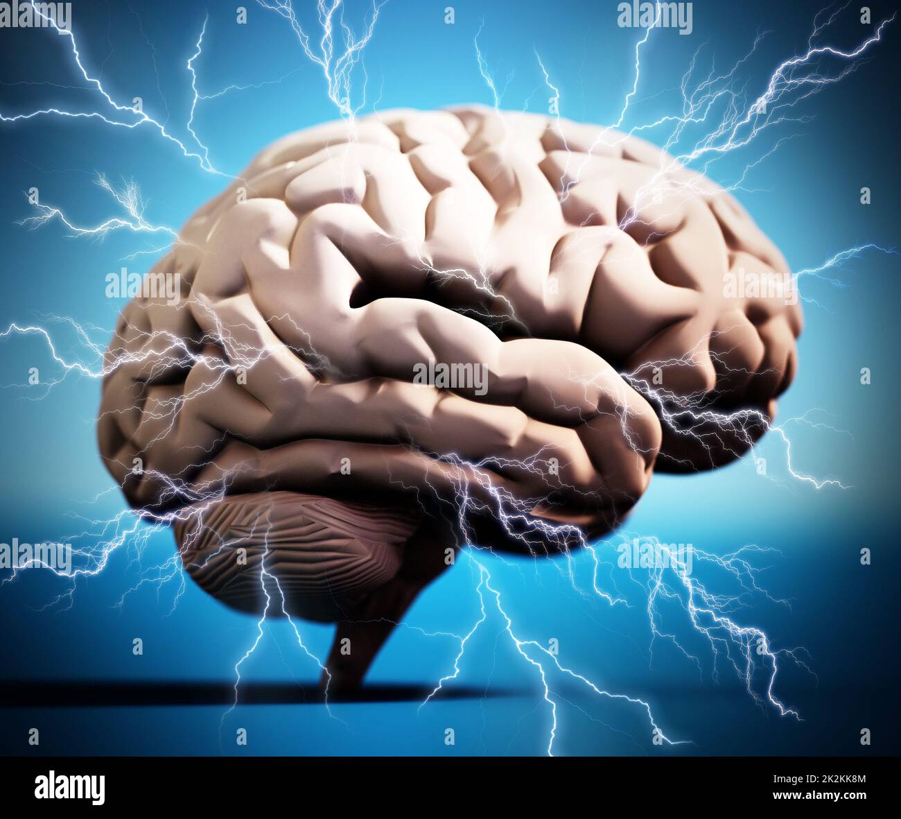 Lightning bolts around the brain. Brainstorming concept. 3D illustration Stock Photo