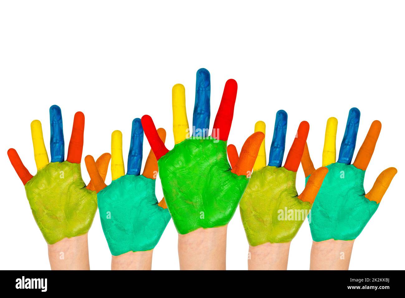 Many colorful painted hands Stock Photo