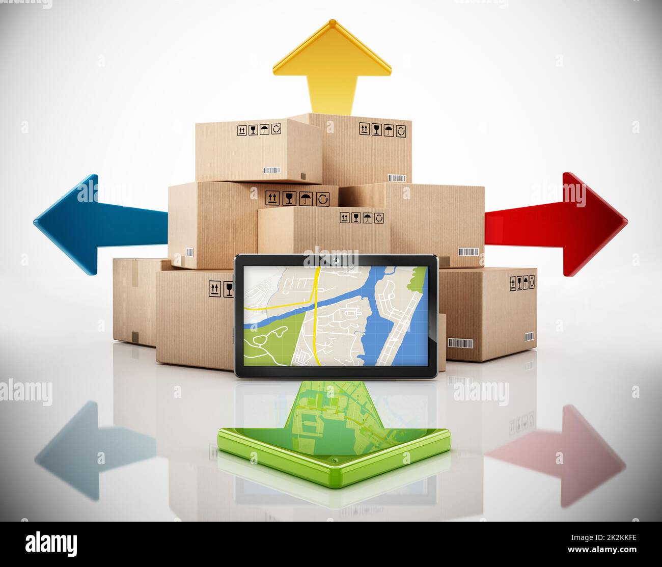 Cargo boxes, four way arrows and tablet computer withGPS map. 3D ...