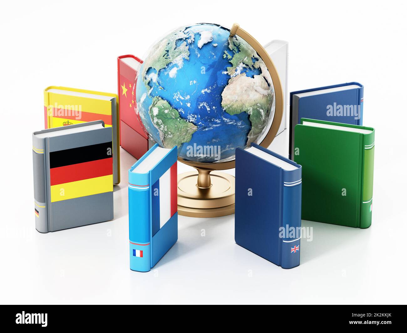 Earth globe model and dictionaries with various flags isolated on white background. 3D illustration Stock Photo