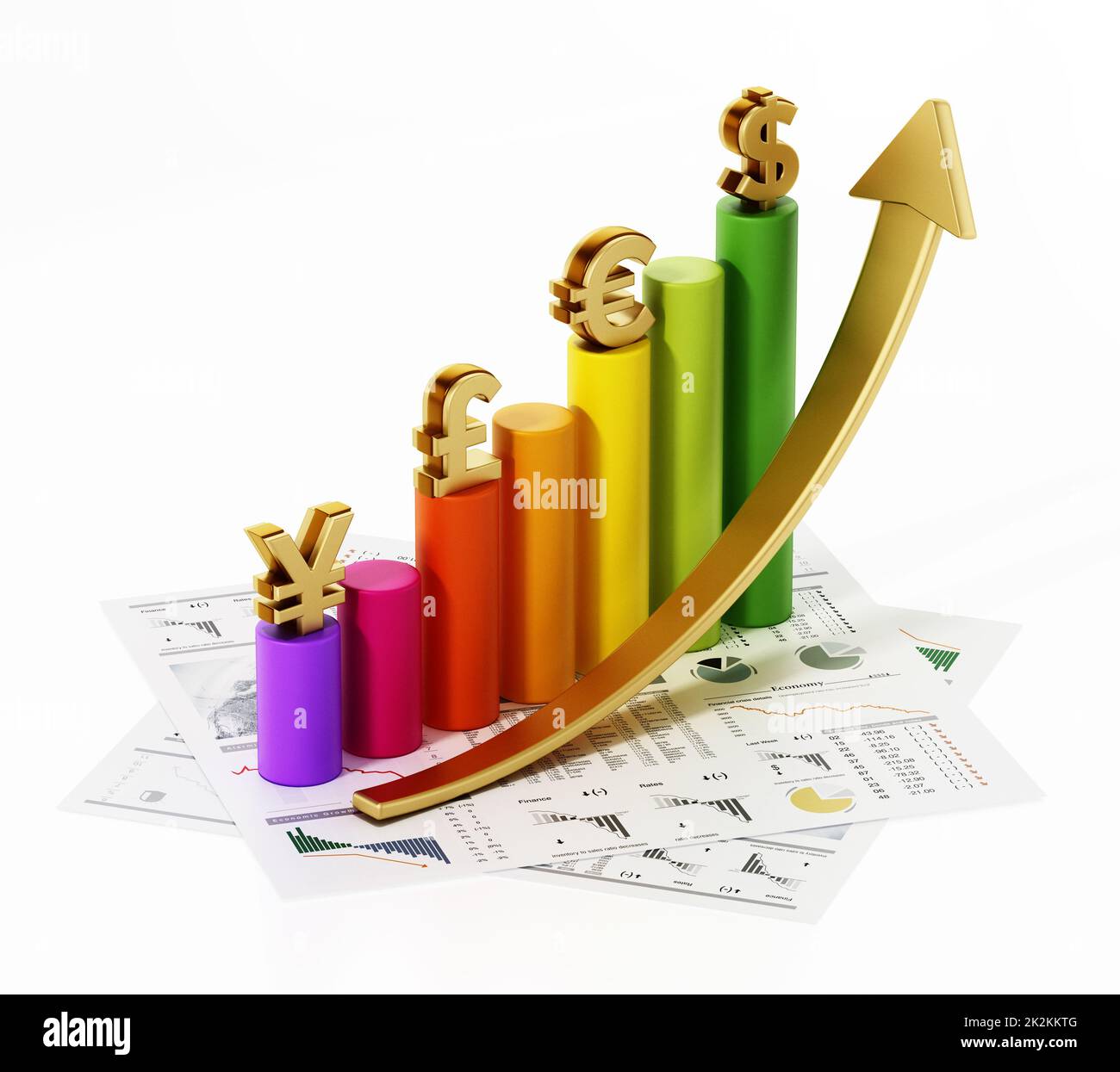 Rising arrow and chart with dollar, euro, pound and yen symbols. 3D illustration Stock Photo