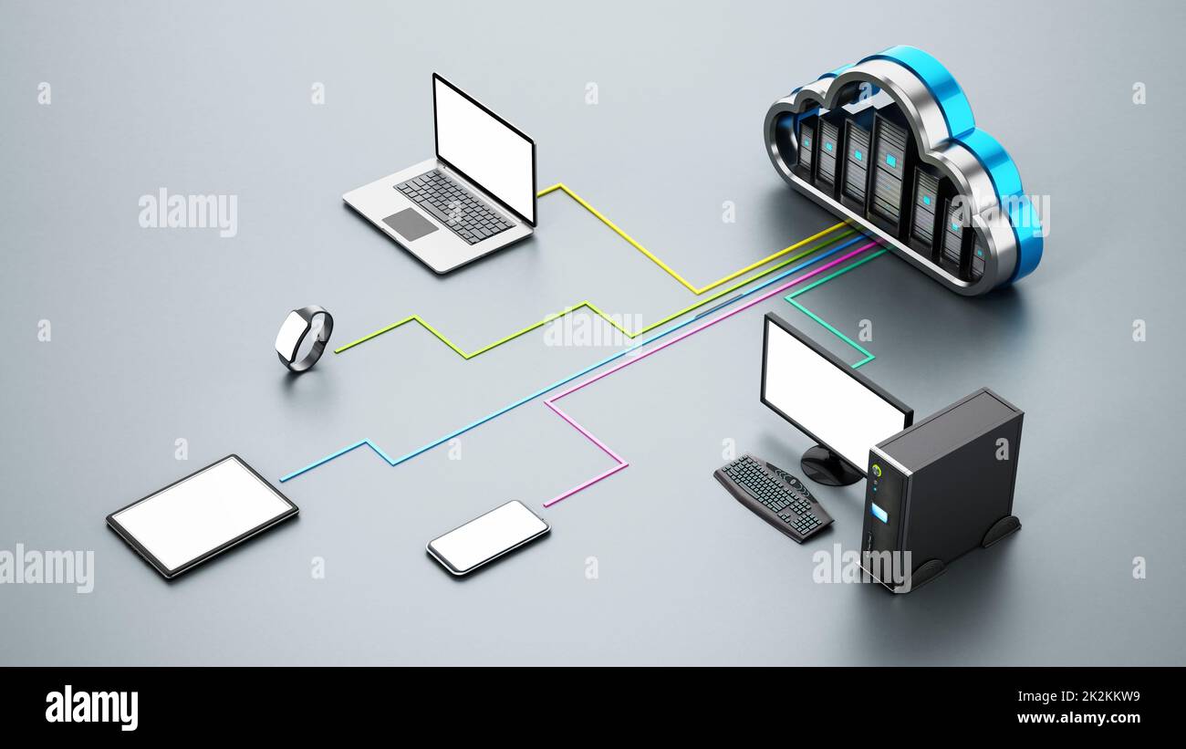 Smart devices connected to the cloud shaped servers. Cloud computing diagram. 3D illustration Stock Photo