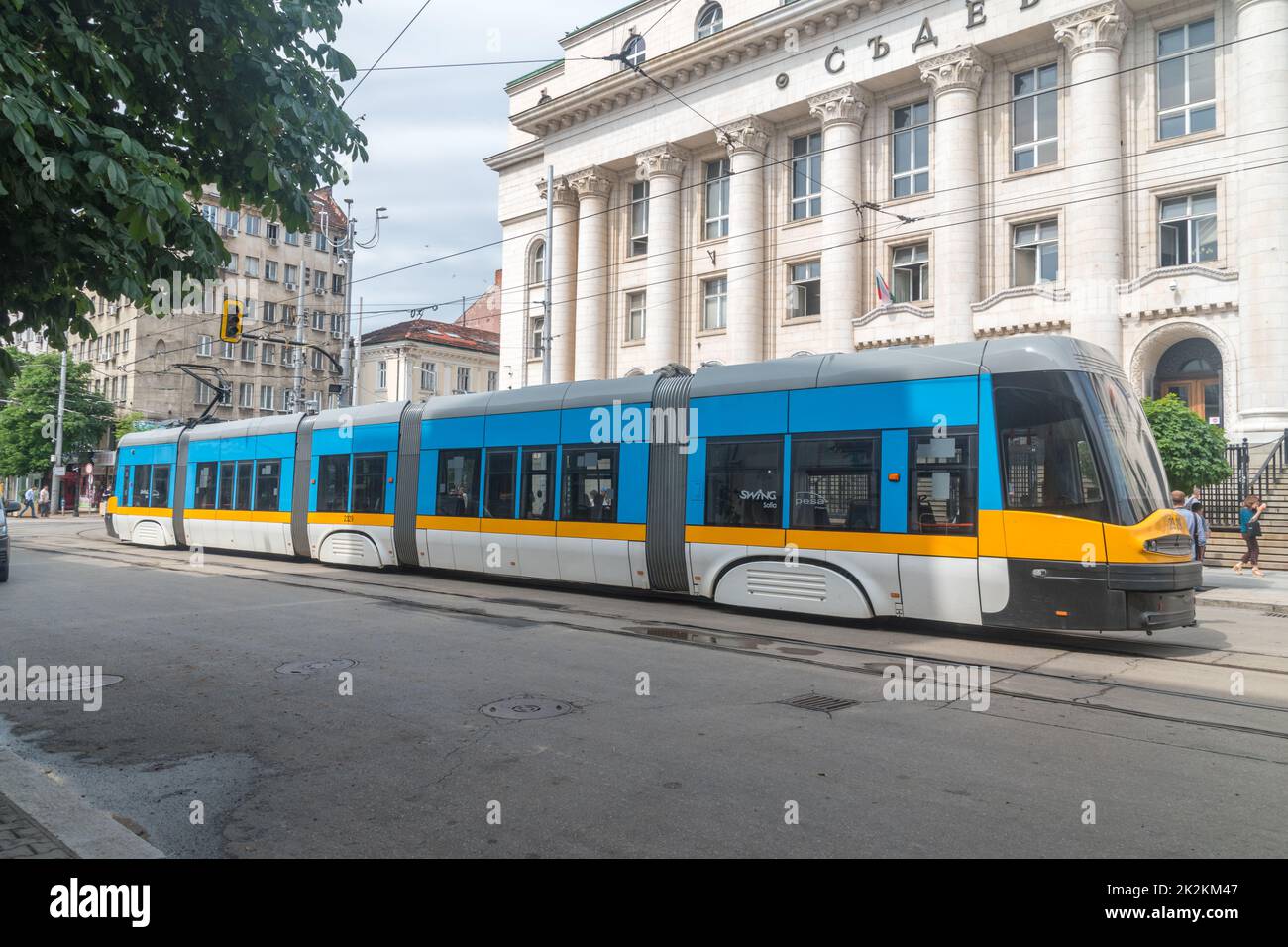 Sofia, Bulgaria - June 6, 2022: Blue and yellow Pesa tram roduced by Polish company. Stock Photo