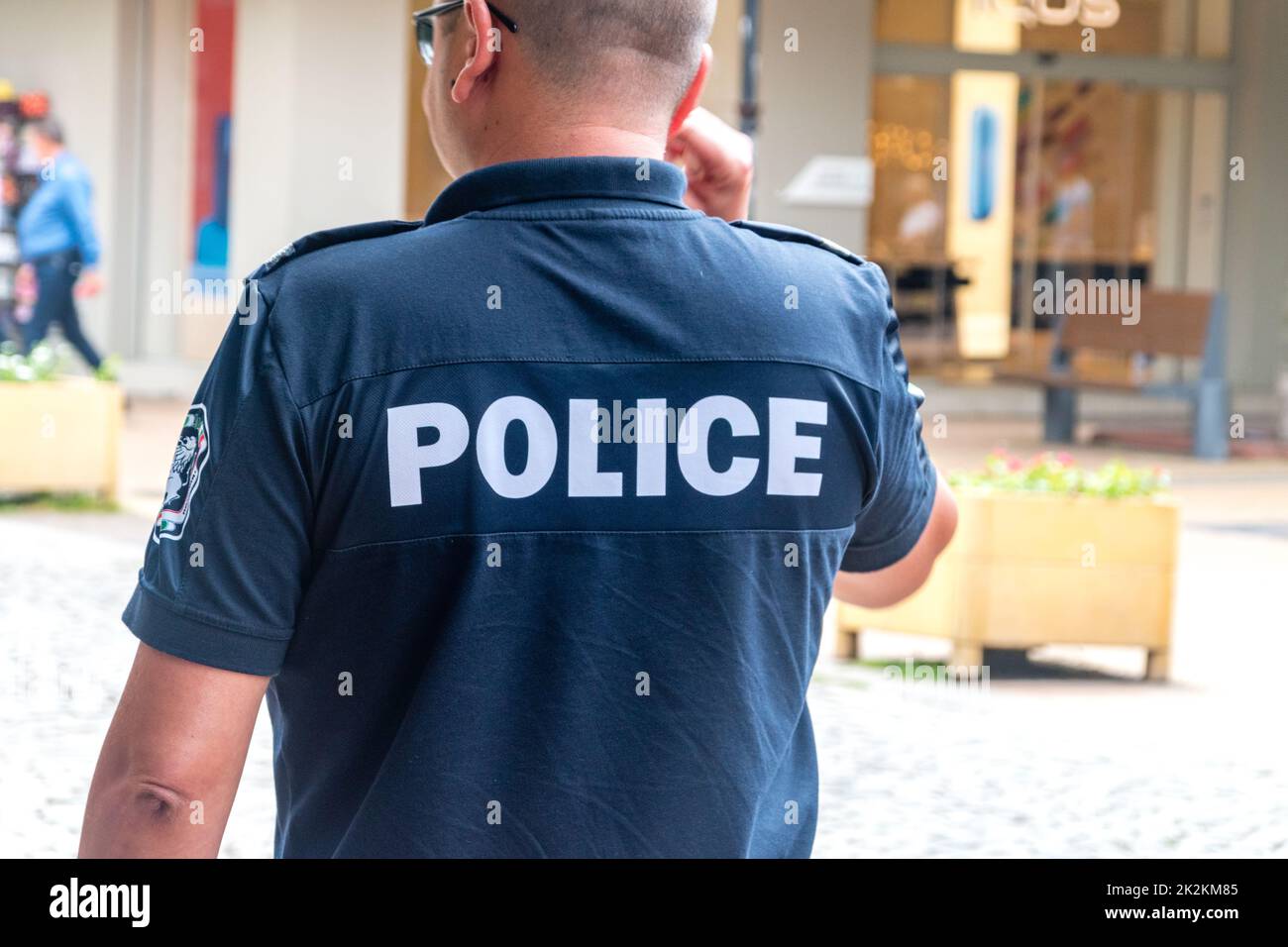 Sofia, Bulgaria - June 6, 2022: Police inscription on Bulgarian police officer. Stock Photo