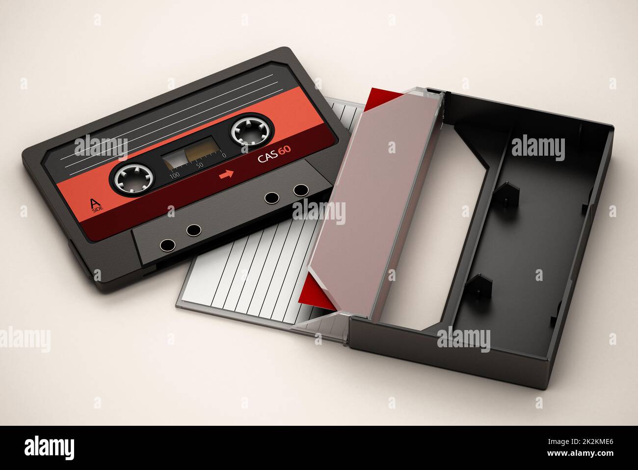 Blank compact cassette tape box design mockup view. Vintage cassete tape  record case box mock up. Plastic analog magnetic tape cassette clear  packaging template. Mixtape box cover. Stock Photo